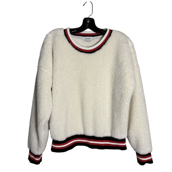 Evereve White Varsity Teddy Knit Pullover With Striped Red and Black Trim Size L - Picture 1 of 11